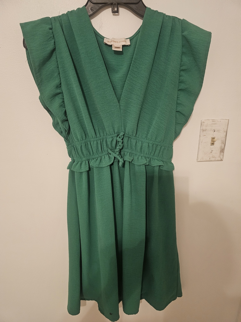 Monteau Green Ruffle-Waist Flutter Sleeve Mini Dress